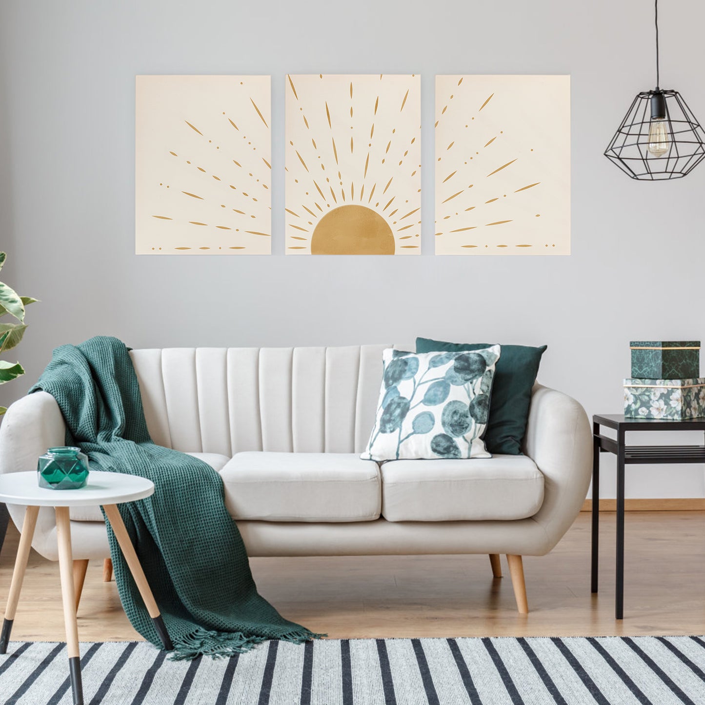 Boho Minimalist Wall Art Set of 3 Sun Rising on the Horizon